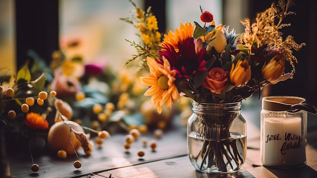 A bouquet of flowers on a table with a vase of flowers on it