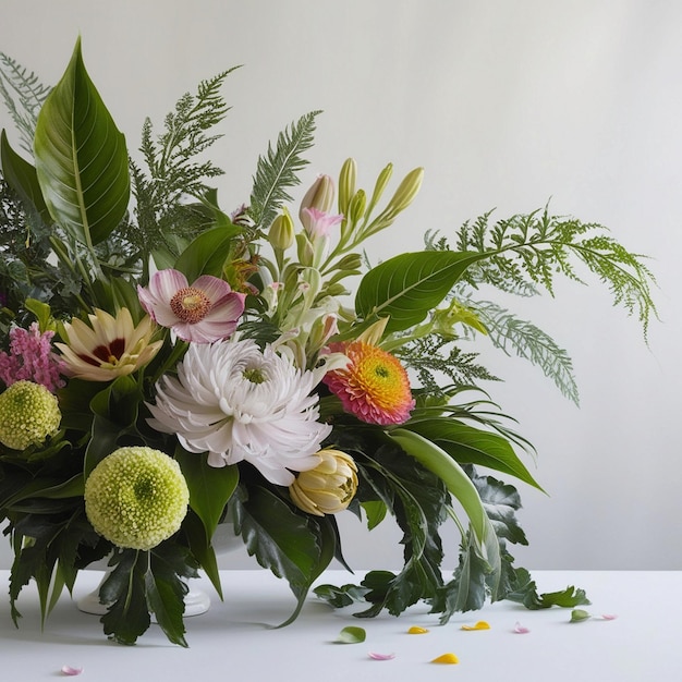 Photo a bouquet of flowers on a table with a white background