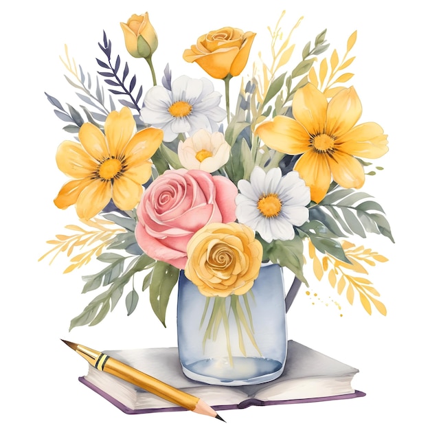 Bouquet of flowers in a vase and a pencil over a book isolated on white background