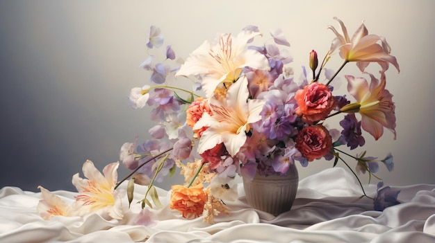 A bouquet of flowers on a white table cloth