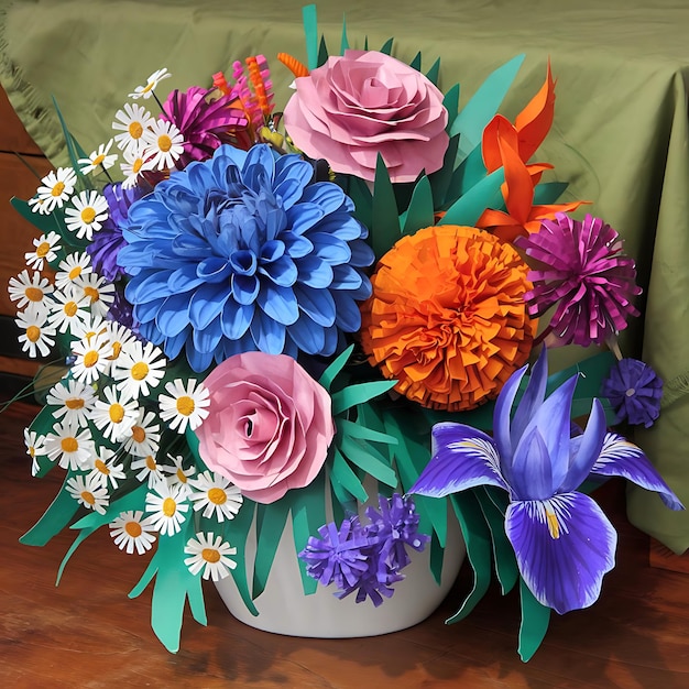 a bouquet of flowers in a white vase with a green tablecloth