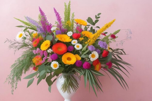 Photo a bouquet of flowers in a white vase with a pink background