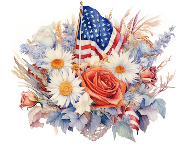 A bouquet of flowers with an american flag in the center.