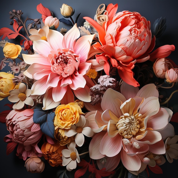 a bouquet of flowers with a black background with a pink flower in the middle