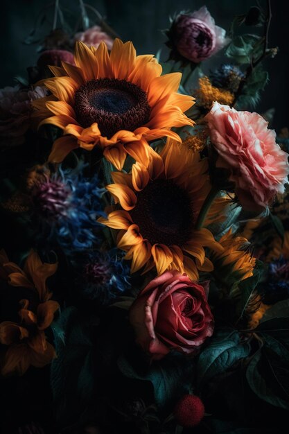 A bouquet of flowers with a black background and a yellow and orange sunflower.