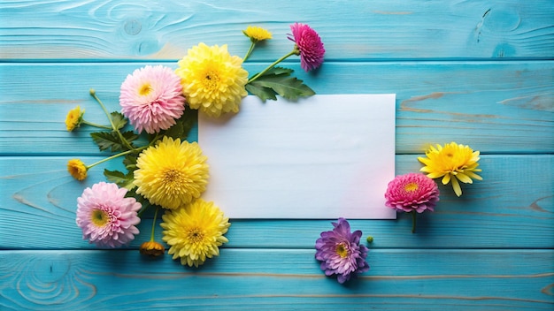 Photo a bouquet of flowers with a blank card on a blue wooden table