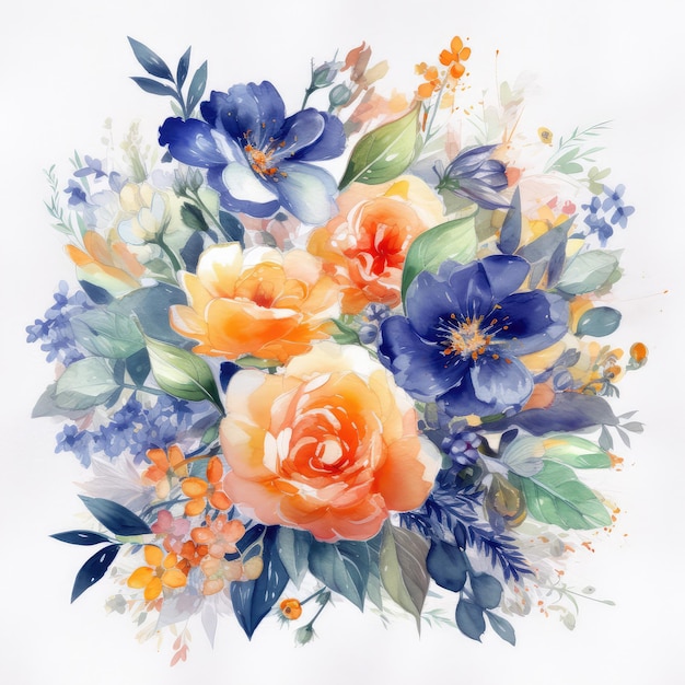 A bouquet of flowers with blue and orange flowers