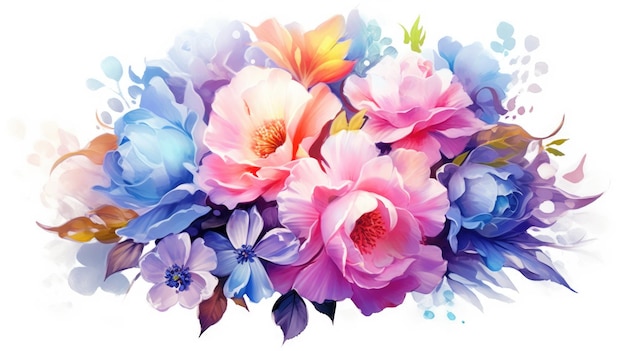 A bouquet of flowers with blue, pink, and orange flowers