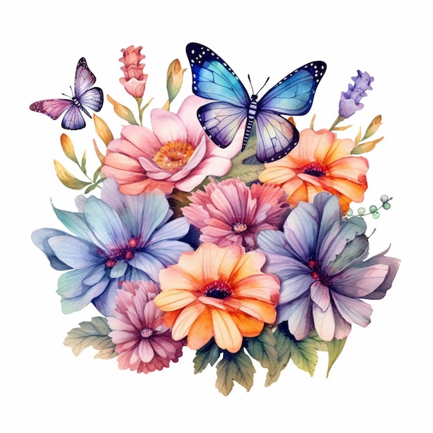 A bouquet of flowers with a butterfly and a butterfly.