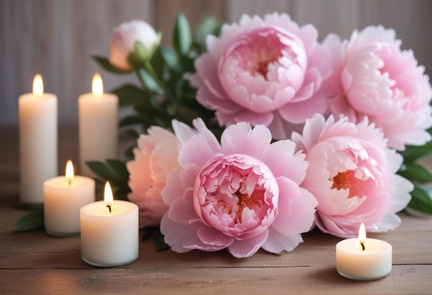 Photo a bouquet of flowers with candles in front of them with candles in the background