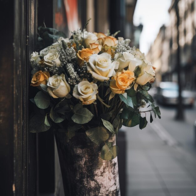 Bouquet of Flowers with City Backdrop