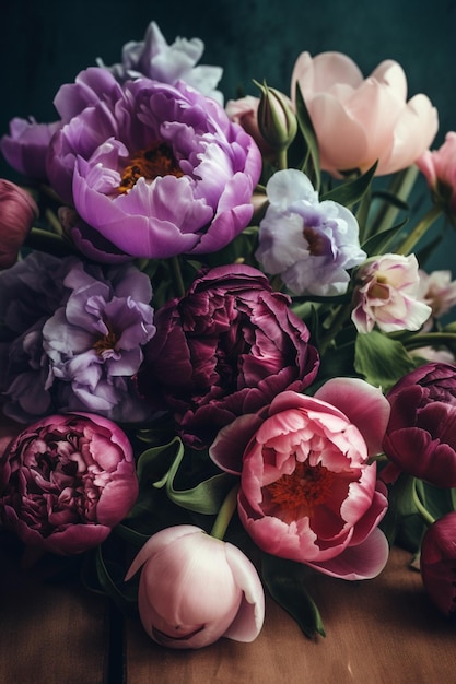 A bouquet of flowers with a green background