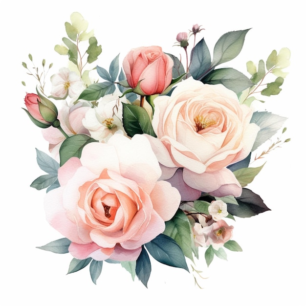 A bouquet of flowers with a green leaf and a pink rose.