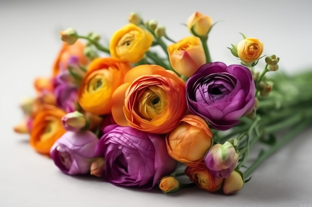 A bouquet of flowers with a green leaf on the top.