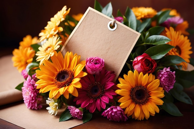 Photo bouquet of flowers with large blank empty tag for communication message