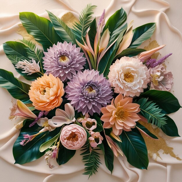 a bouquet of flowers with leaves and flowers on a white background