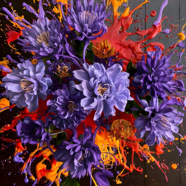 Photo a bouquet of flowers with orange and purple paint