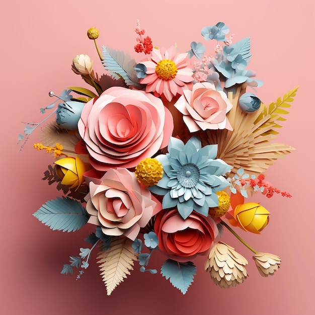 a bouquet of flowers with a pink background and a few other flowers