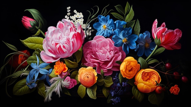 a bouquet of flowers with a pink and blue flower