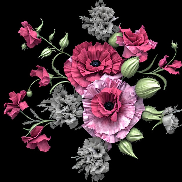 A bouquet of flowers with pink and purple flowers on a black background.