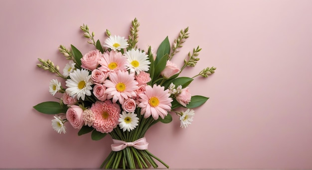 a bouquet of flowers with a pink ribbon on the bottom