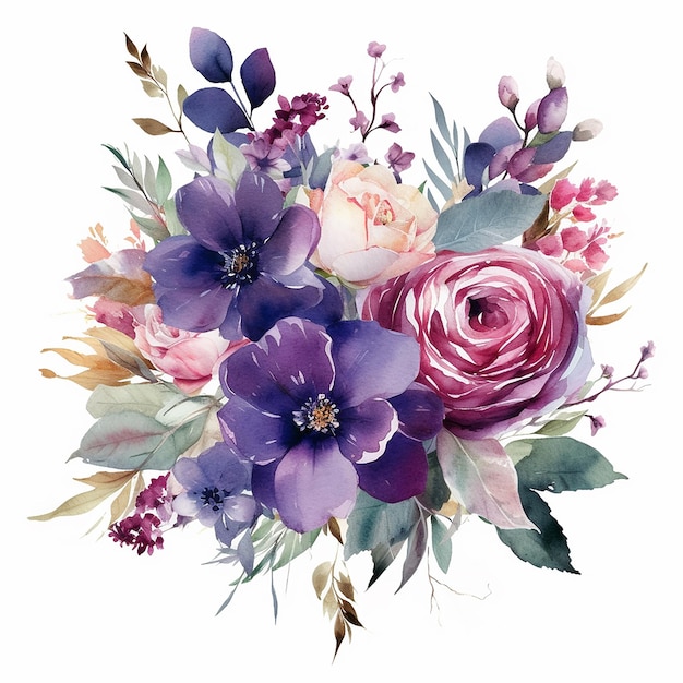 A bouquet of flowers with purple flowers and a white one