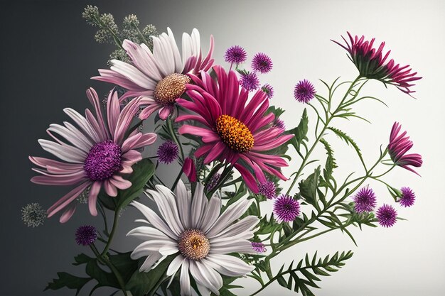 A bouquet of flowers with a purple and white flower on the bottom.