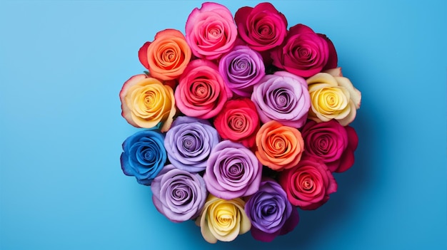 Photo a bouquet of flowers with rainbow colors on a blue background