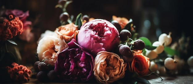 A bouquet of flowers with a red flower on the bottom