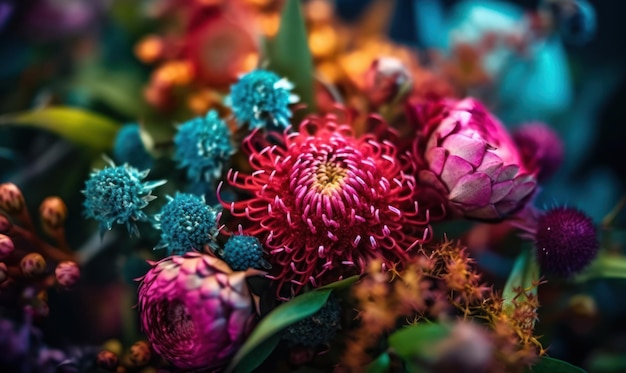 A bouquet of flowers with a red flower on the left and a red flower on the right.