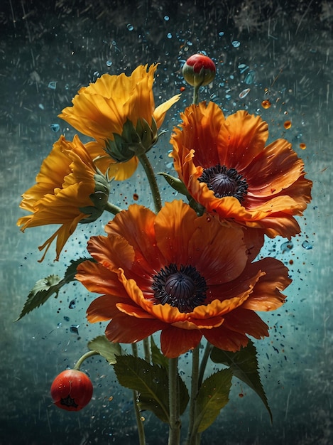 a bouquet of flowers with water drops in the background