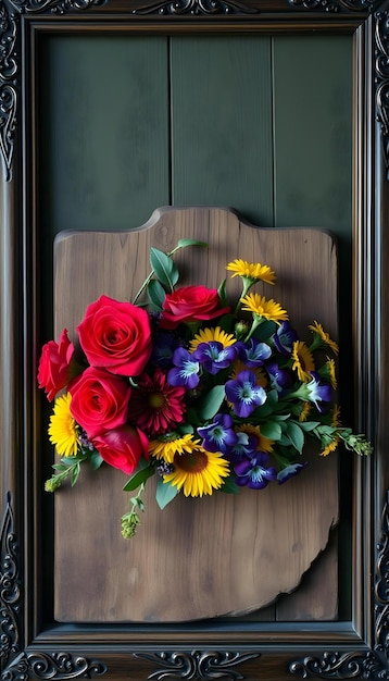 Photo a bouquet of flowers with a wooden frame that says quot sunflower quot