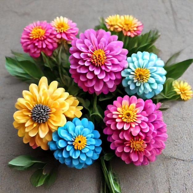 a bouquet of flowers with a yellow center and blue on the bottom