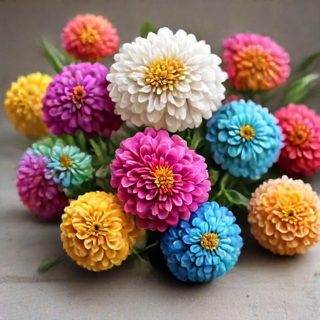 a bouquet of flowers with a yellow center and a purple flower in the center