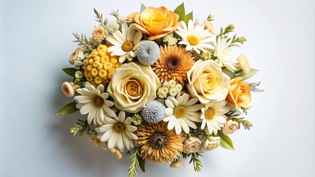 a bouquet of flowers with a yellow flower in the center