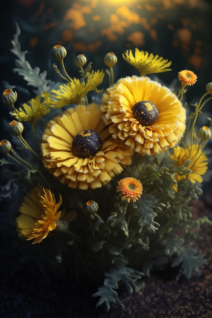 A bouquet of flowers with yellow petals and a black center.