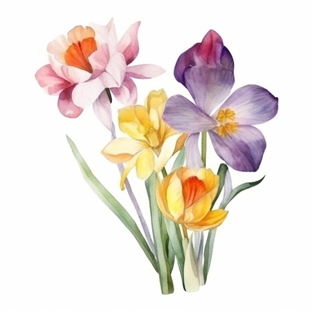 A bouquet of flowers with a yellow and purple iris.