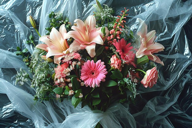 Bouquet of Flowers Wrapped in Plastic