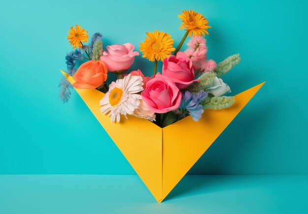 A bouquet of flowers in a yellow paper bag on a blue background.