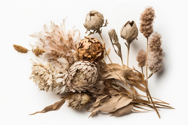 Bouquet of fluffy beige dried flowers against a white background