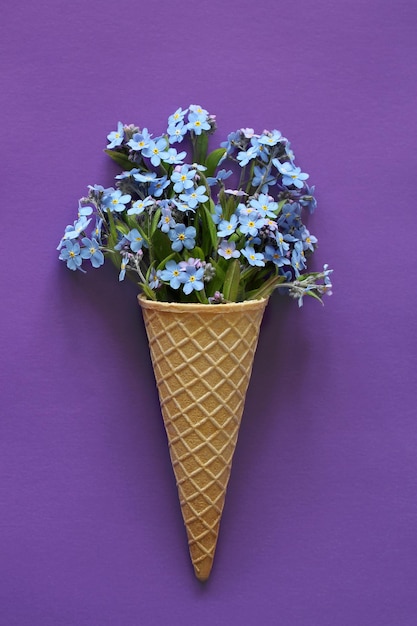 A bouquet of forgetmenots in a waffle cone on a violet background like ice cream