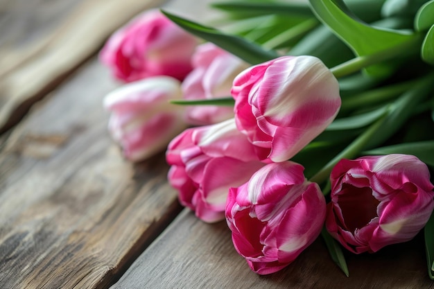 Bouquet of fresh beautiful delicate tulips on a wooden background as a gift photo in light pastel