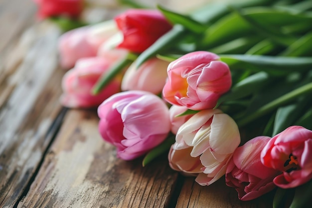 Bouquet of fresh beautiful delicate tulips on a wooden background as a gift photo in light pastel