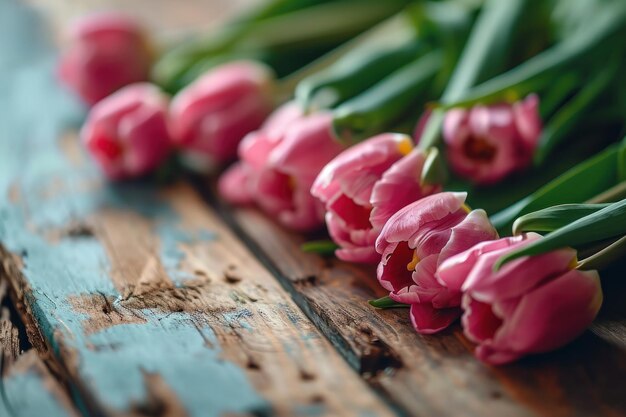 Bouquet of fresh beautiful delicate tulips on a wooden background as a gift photo in light pastel