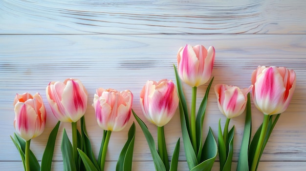 Bouquet of fresh beautiful delicate tulips on a wooden background as a gift photo in light pastel