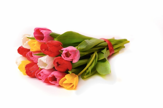 Bouquet of fresh, bright, multi-colored tulips on a white background, isolated.