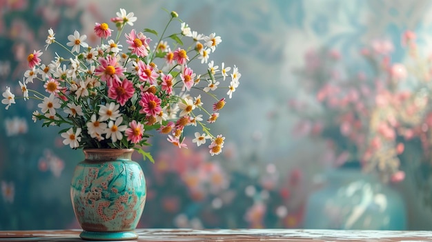 bouquet of fresh colorful garden flowers in a ceramic vase on a table vibrant and lively