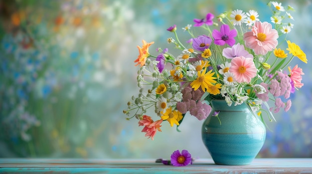 bouquet of fresh colorful garden flowers in a ceramic vase on a table vibrant and lively