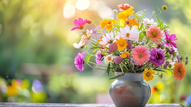 bouquet of fresh colorful garden flowers in a ceramic vase on a table vibrant and lively