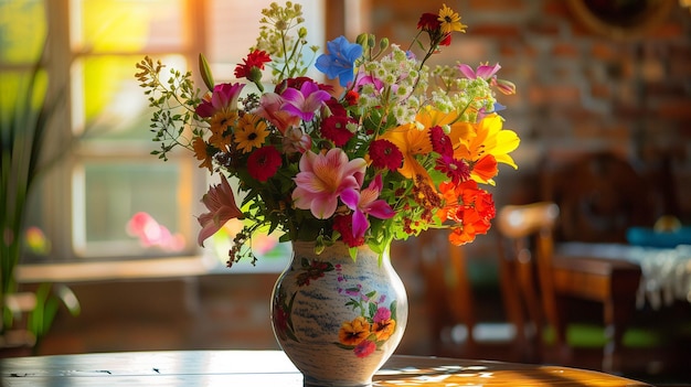 bouquet of fresh colorful garden flowers in a ceramic vase on a table vibrant and lively